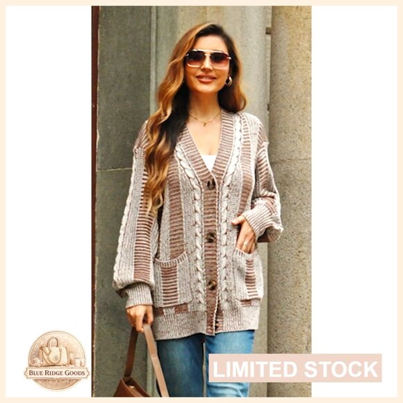 Oversized Cable Knit Cardigan Sweater with Pockets Long Sleeve - Picture 7 of 7